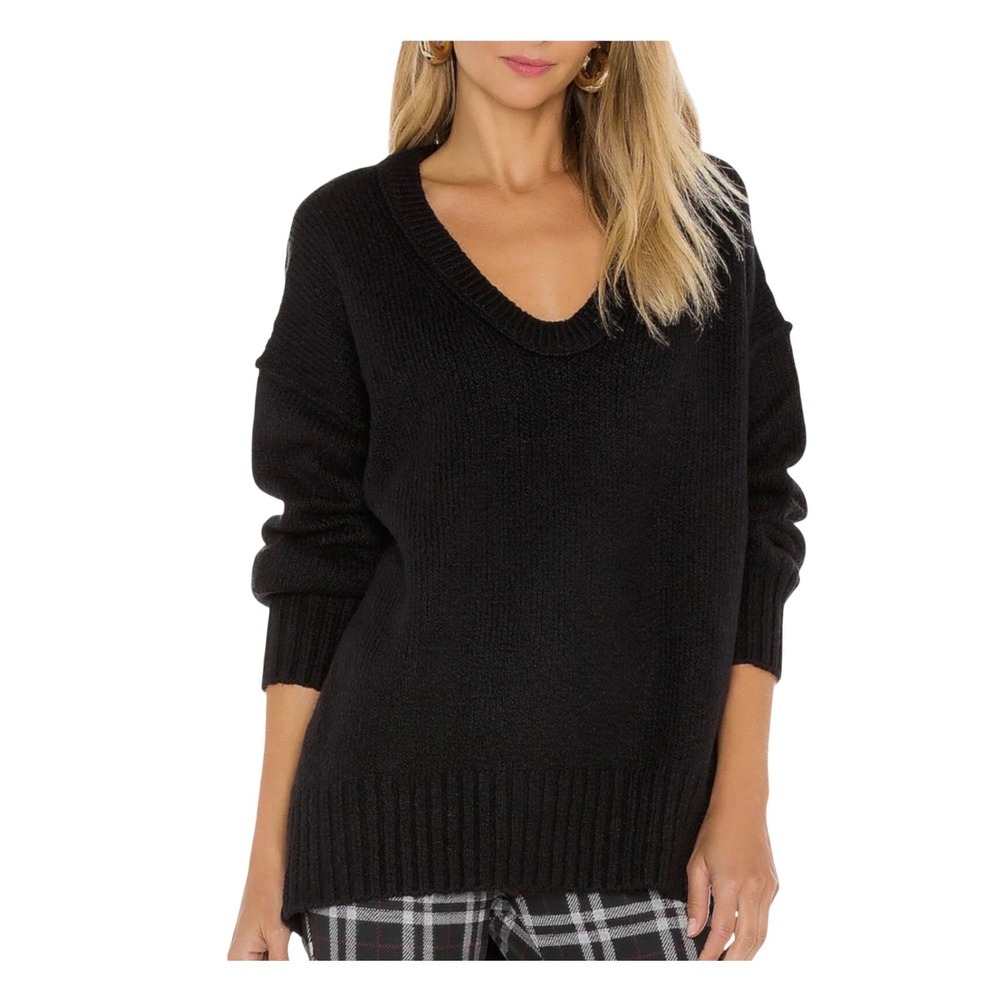 Free People Brookside Oversized VNeck Sweater Womens Large Black Blend Knit Boho